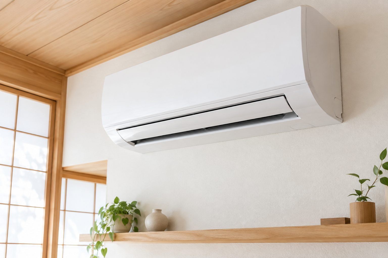 和室の壁に取り付けられた家庭用エアコンの室内機（イメージ）